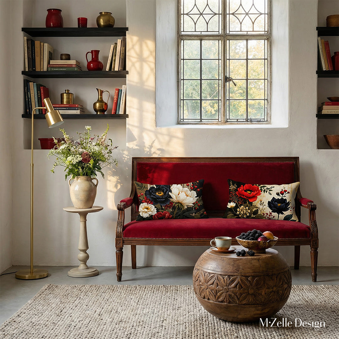 Photographie professionnelle à l'esthétique Castlecore mélangée à un design contemporain, banquette médiévale en velours rouge carmin ornée de 2 superbes coussins rectangles, sous une fenêtre industrielle. Murs blanchis à la chaux, lampe moderne en laiton.