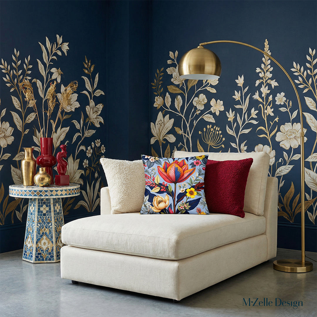 Intérieur d'un boudoir sophistiqué et contemporain, avec une touche romantique : une audacieuse méridienne en lin crème vue de face, rehaussée d'un grand coussin mzelle design et de deux autres coussins en laine. Fresque botanique bicolore sur des murs aux accents bleu nuit profond. 