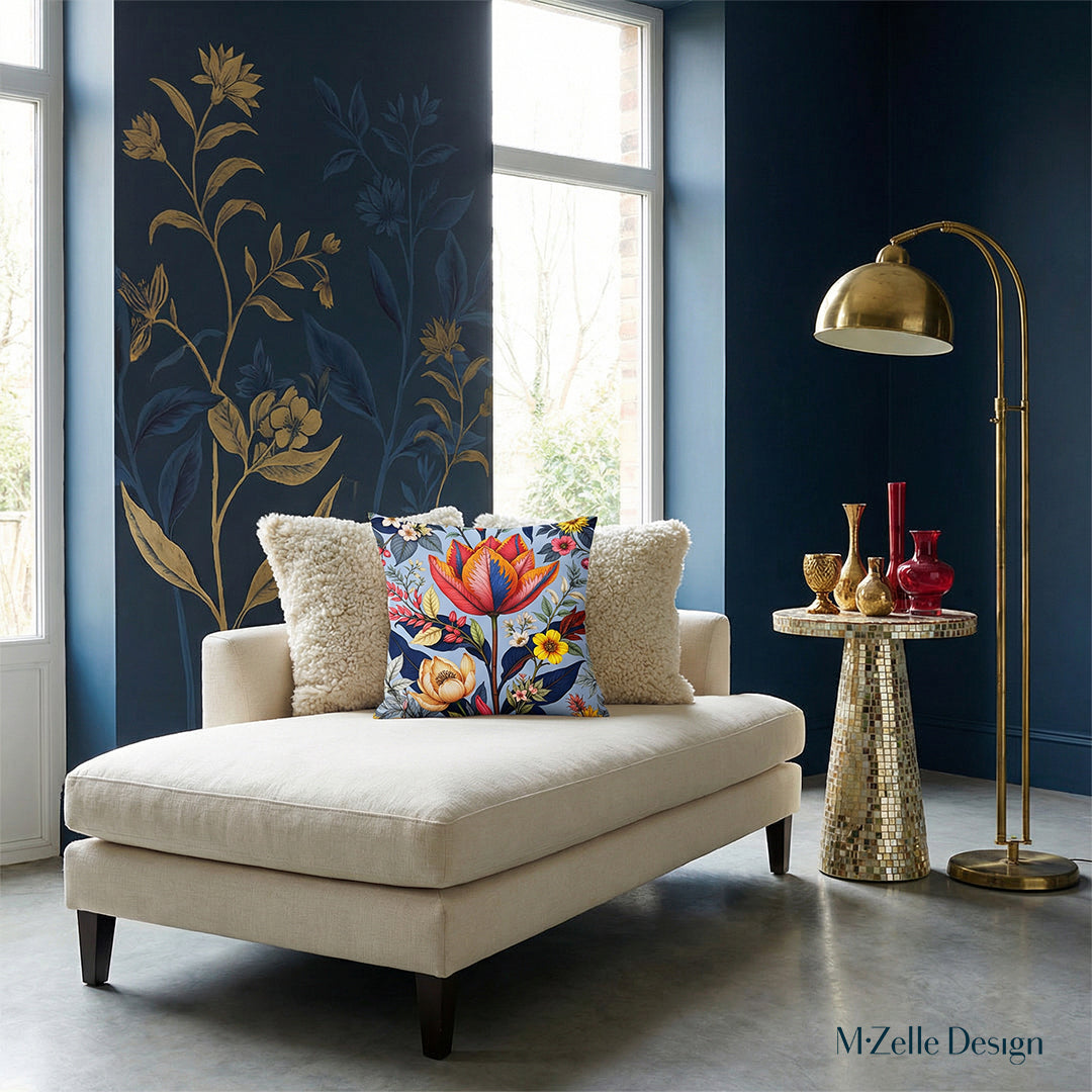 Intérieur d'un boudoir sophistiqué et contemporain, avec une touche romantique : une audacieuse méridienne en lin crème vue de face, rehaussée d'un grand coussin mzelle design et de deux autres coussins en laine. Fresque botanique bicolore sur des murs aux accents bleu nuit profond. 