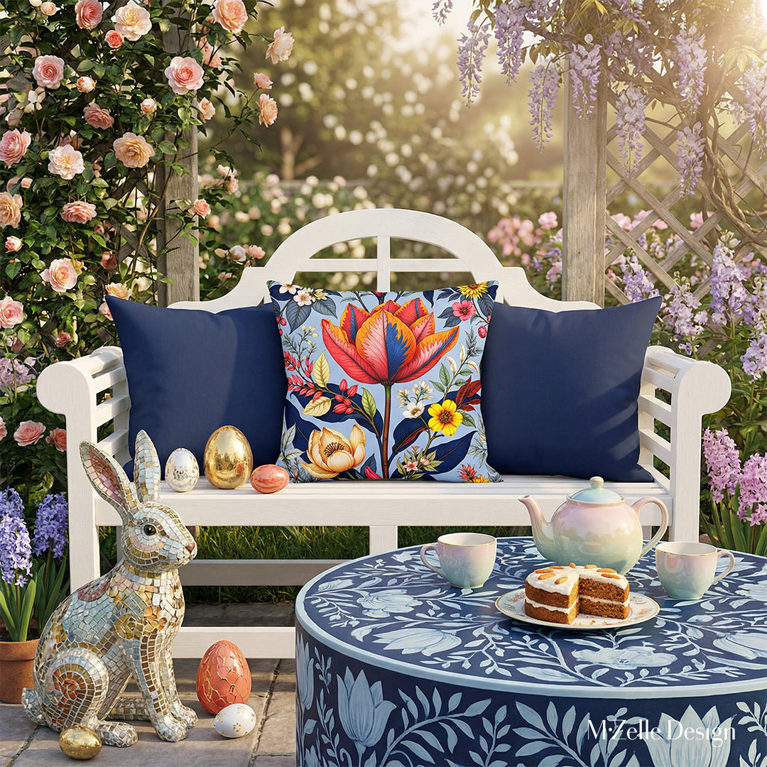 Scène de décoration salon de thé Bridgerton dans un jardin anglais, inspiré du style « regencycore », décoré sur le thème de Pâques : un banc aux lignes audacieuses vu de face, mis en valeur par un superbe coussin mzelle design motif tulipe entouré de deux autres coussins unis bleu marine. Des objets décoratifs dorés et corail disposés sur une statue de lapin en mosaïque, une table basse peinte de manière artistique.