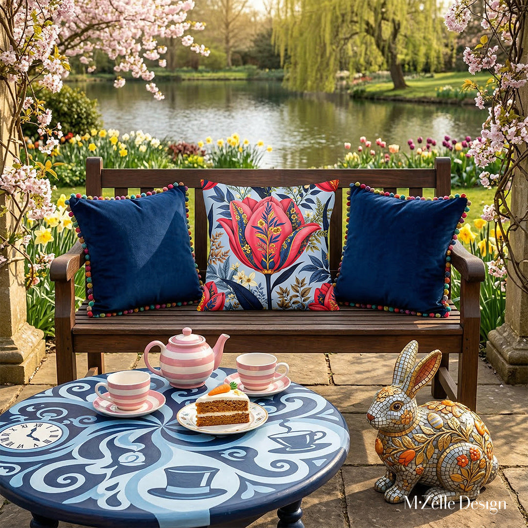 Scène de décoration extérieur esprit Bridgerton dans un jardin anglais, inspiré du style « regencycore », décoré sur le thème de Pâques : un banc mis en valeur par un superbe coussin mzelle design motif tulipe entouré de deux autres coussins unis bleu marine à pompons colorés. Des objets décoratifs  disposés, une statue de lapin en mosaïque, une table basse peinte de manière artistique.