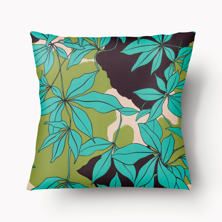 coussin décoratif satinée MZelle Design format carré  imprimée eucalyptus fantaisie moderne coloris vifs turquoise et vert.