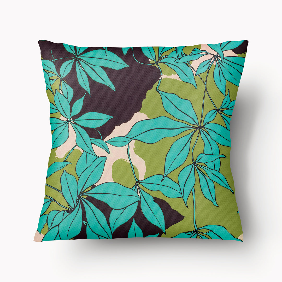 Housse de coussin décorative satinée MZelle Design format carré  imprimée eucalyptus fantaisie moderne coloris vifs turquoise et vert.