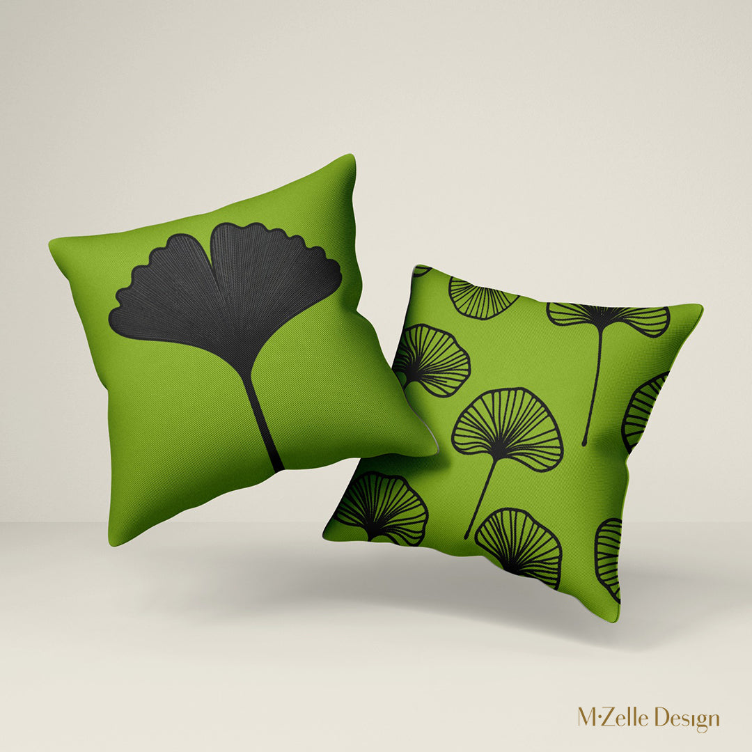 Deux Coussins Mzelle Design, vert noir thème de Décoration Japon avec des Feuilles de Ginkgo stylisées.