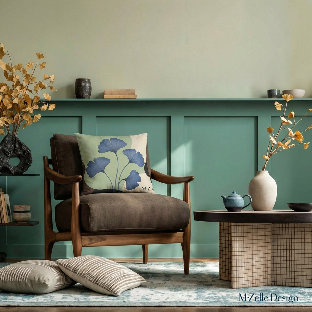 décoration moderne MZelle Design avec un coussin imprimé d'un motif stylisé feuilles de Ginkgo couleurs pastel belu, vert pale et écru