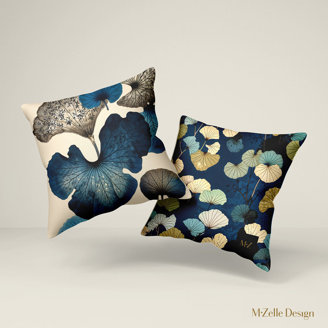 Coussin MZelle Design, aspect lin au design moderne imprimé feuille de  ginkgo all over bleu et brun sienne.