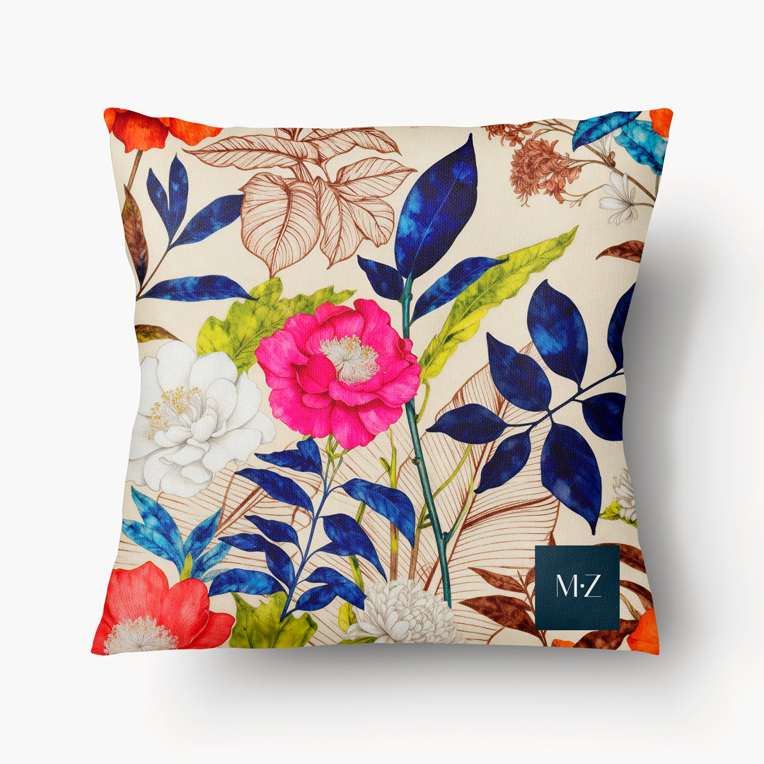 Coussin carré mzelle design, style aquarelle, fleurs acidulées décoration regencycore.