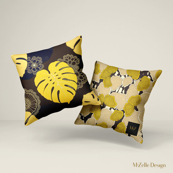 Deux Coussins MZelle Design imprimé de feuilles de Ginkgo Jaune sur fond marron et motifs all over floral écru