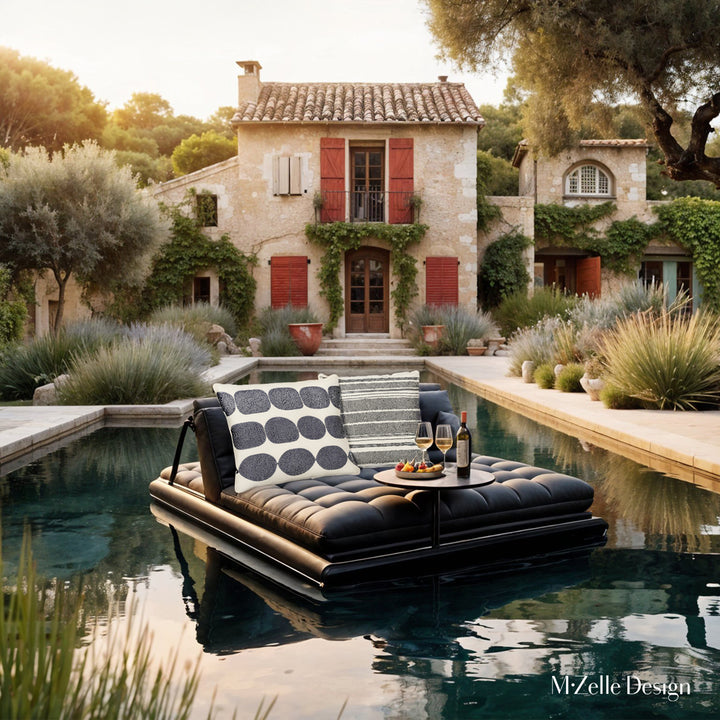 Décoration extérieur villa provençale avec piscine une matelas gonflable avec deux coussins mzelle design