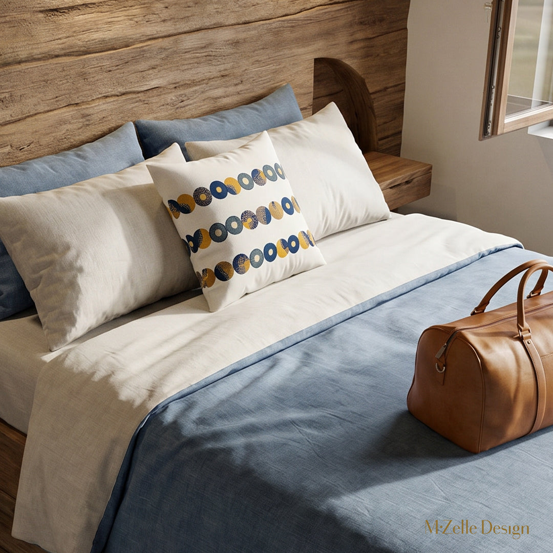 Photographie d’intérieur, chambre d'hôte rustique eco lodge minimaliste , vue en plongée en gros plan sur un coussin mzelle design motifs galets stylisés, posé sur un grand lit contre 2 oreillers, draps raffinés en coton de chambray bleu et écru, un sac de voyage en cuir camel sur le lit, mur en bois d'acacia brut et fenêtre ouverte, vue campagne, sol en carrelage élaboré spots lumineux, ambiance campagne.