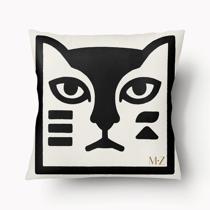 Housse de Coussin GRAPHIQUE Mzelle Design - Motif Tribal Tête de Chat noir sur fond écru