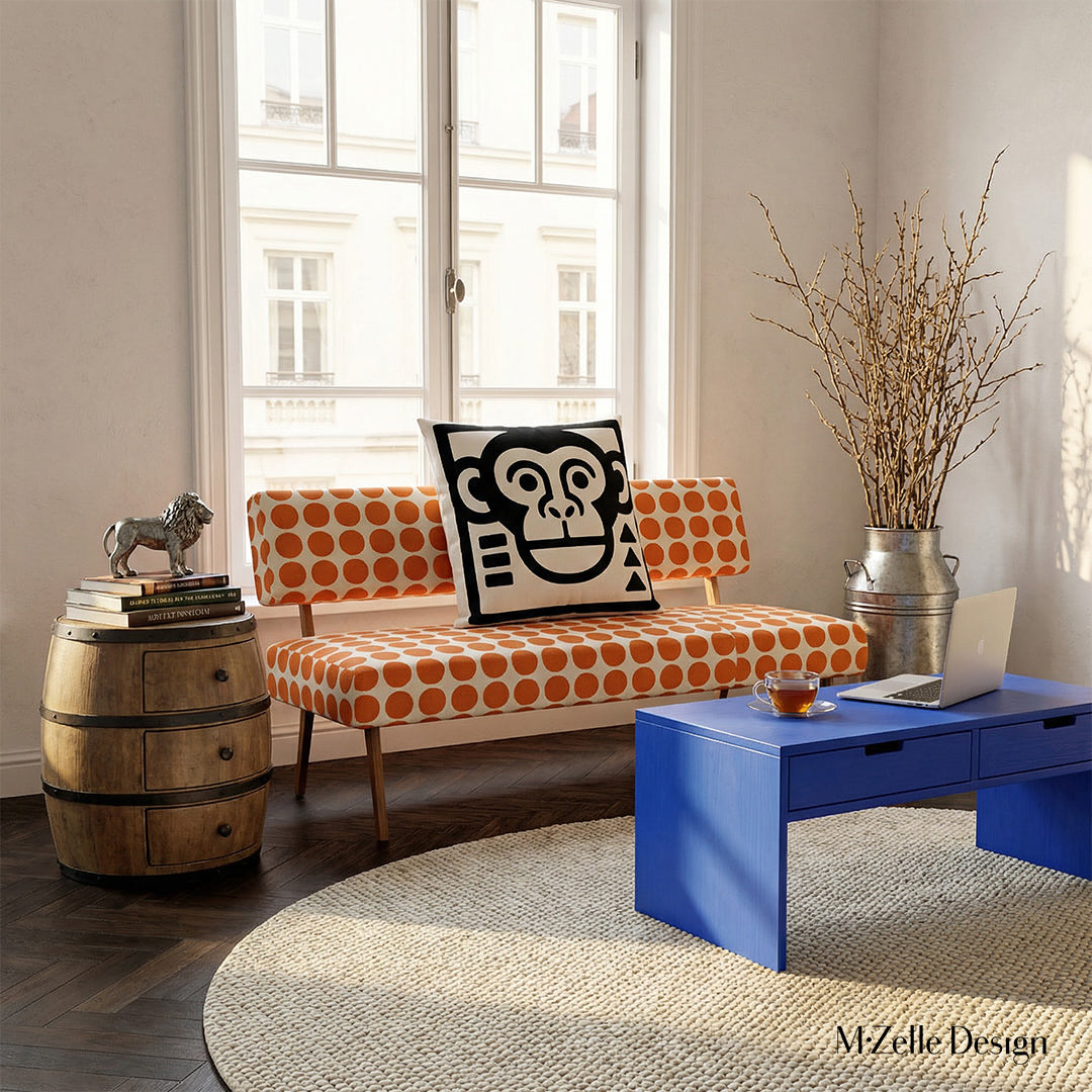 décoration d'intérieur moderne avec un canapé imprimé motifs pois orangeset orné d'un coussin graphique tête de singe , table basse bleu, plantes verte.