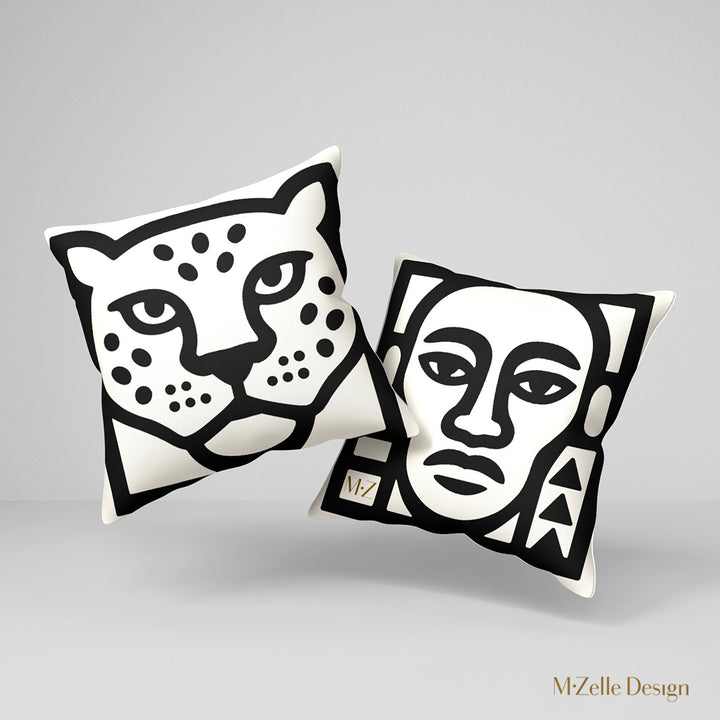 Deux Housses de coussin graphique Mzelle Design - tête de jaguar et t^te de guerrier bicolore noir et écru, brut et élégant, entre art tribal et design contemporain