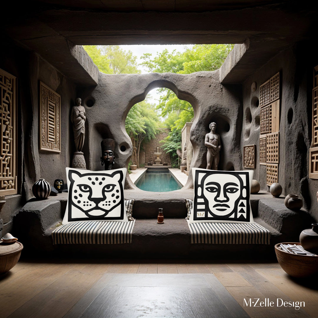 Décoration intérieur maison troglodyte en pierre noire, salon design luxueuse orné de deux coussins graphiques de la marque Mzelle Design 