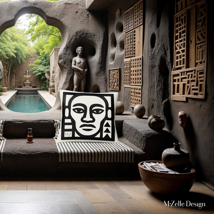 Décoration intérieur maison troglodyte en pierre noire, salon design luxueuse orné  d'un coussin graphique tête de guerrier de la marque Mzelle Design