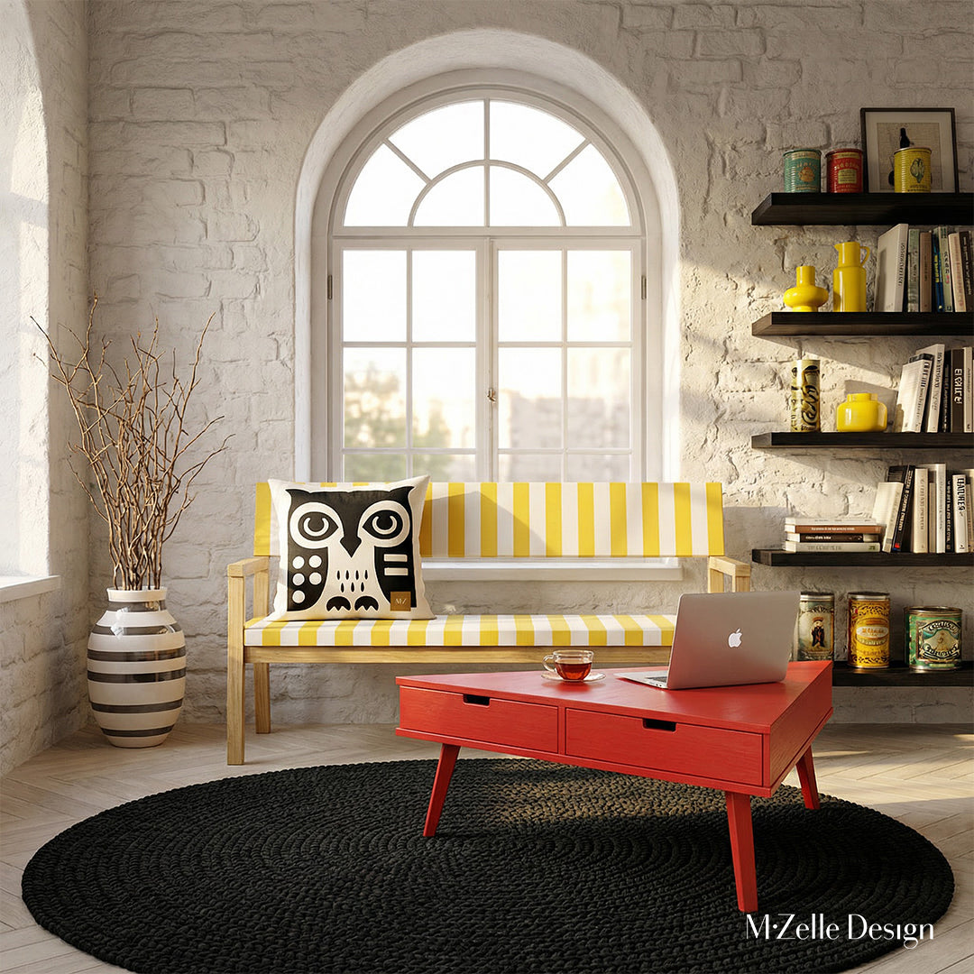 Photographie professionnelle d'un loft urbain inspiré de l'esthétique Castlecore mélangée à un design contemporain, vue de face d'un banc rayé jaune et blanc orné d'un grand coussin motif hibou minimaliste, graphique, décor inspirationnel urbain.