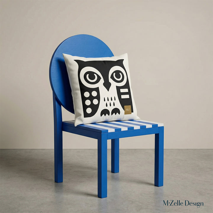 Photographie professionnelle d'un grand coussin motif hibou graphique mzelle design, posé sur une grande chaise en bois peint bleu vif sans accoudoirs, dossier composé d'un large cercle et assise en bois peint rayé bleu et blanc.
