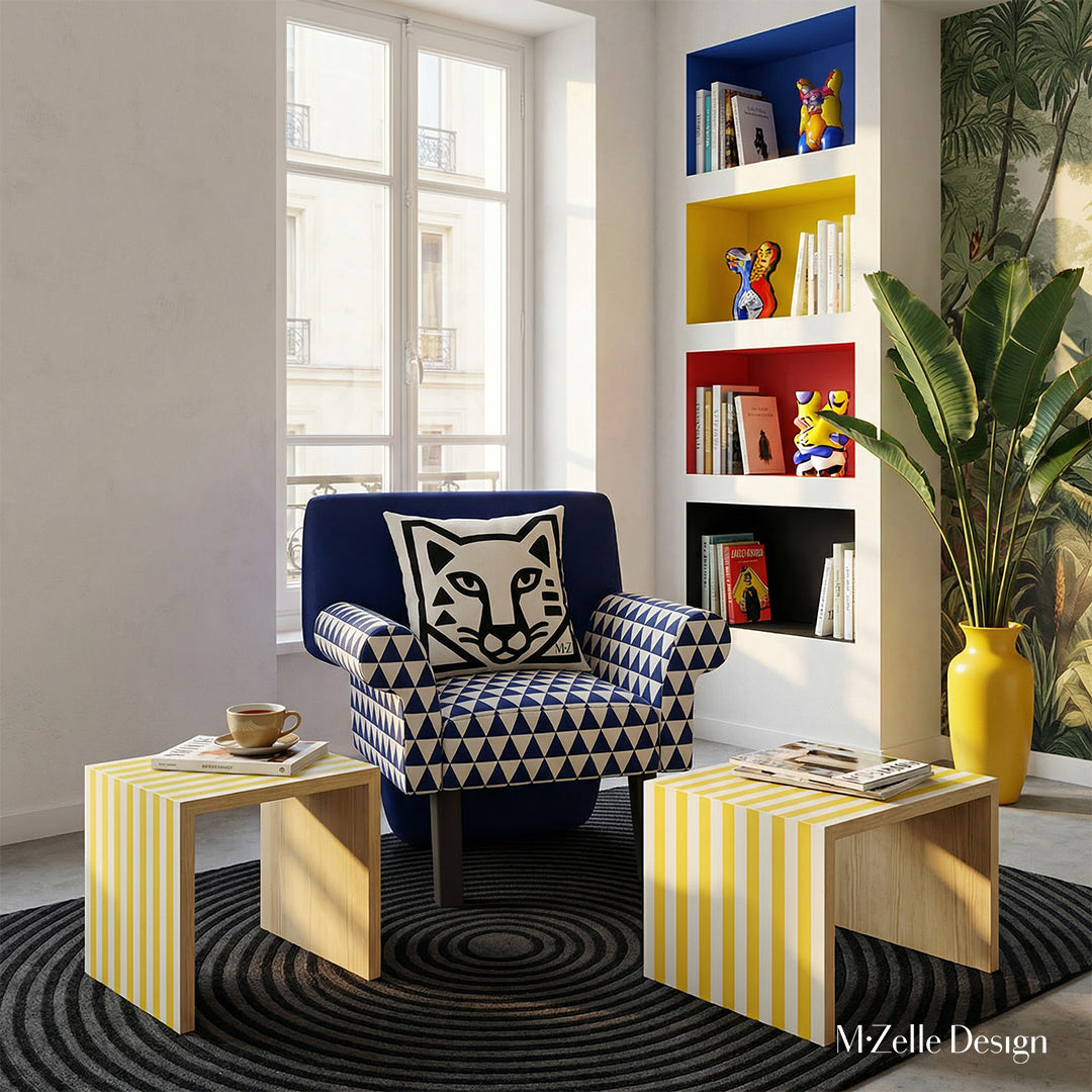 Photographie professionnelle mzelle design, d'un appartement inspiré de l'esthétique pop art mélangée à un design contemporain. Vue de face d'une chaise aux formes audacieuses dont le dossier est uni bleu marine et d'autres parties en motif triangle bleu marine et blanc, ornée d'un grand coussin motif félin.