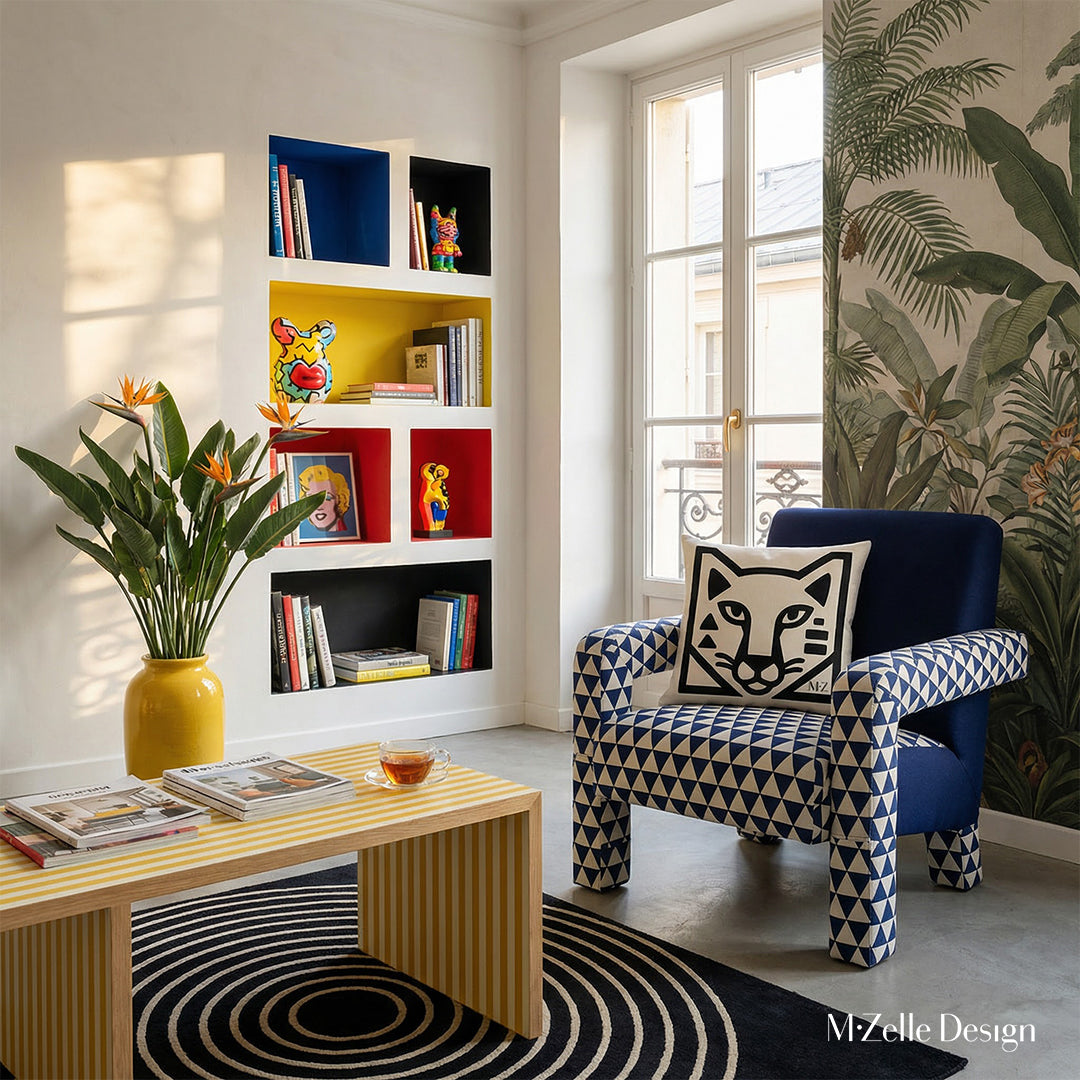 Photographie professionnelle mzelle design, d'un appartement inspiré de l'esthétique pop art mélangée à un design contemporain. Vue de face d'une chaise aux formes audacieuses dont le dossier est uni bleu marine et d'autres parties en motif triangle bleu marine et blanc, ornée d'un grand coussin motif félin.