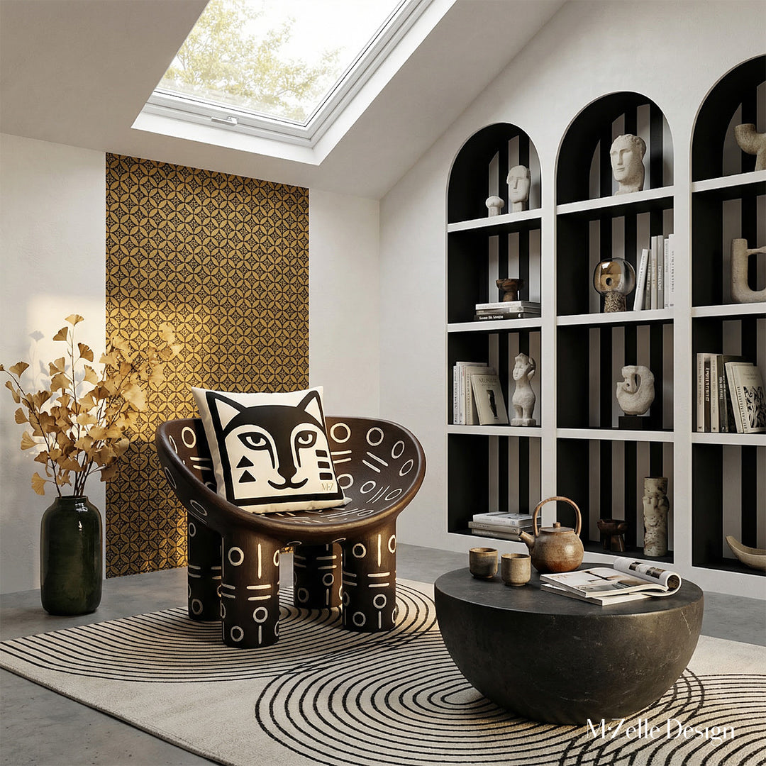 Photographie professionnelle d'un appartement au design contemporain. Vue de face d'une chaise en bois en forme de vasque sur 4 pieds à motif de lignes de cercles marron foncé et blancs, ornée d'un grand coussin motif renard graphique.