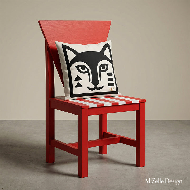 Photographie professionnelle vue de 3/4 droite, d'un grand coussin graphique mzelle design, motif renard stylisé, posé sur une grande chaise en bois peint rouge vif sans accoudoirs, dossier composé d'un large triangle et assise en bois peint rayé rouge et blanc.