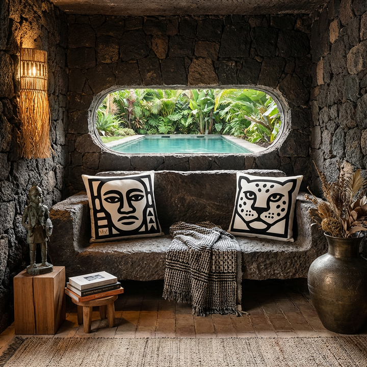 Décoration d'Intérieur d'une villa troglodyte inspirée de l'esthétique de l'Afrique subsaharienne. Vue d'un banc sculpté en pierre encastré dans la roche, orné de deux grands coussins motifs tribaux Mzelle Design. Au-dessus, une fenêtre horizontale oblongue creusée dans le mur s'ouvre sur une piscine dans un jardin luxuriant.