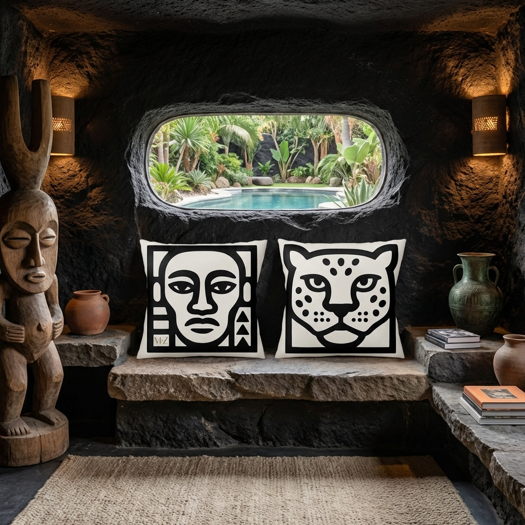 Décoration d'Intérieur d'une villa troglodyte inspirée de l'esthétique de l'Afrique subsaharienne. Vue d'un banc sculpté en pierre encastré dans la roche, orné de deux grands coussins motifs tribaux Mzelle Design. Au-dessus, une fenêtre horizontale oblongue creusée dans le mur s'ouvre sur une piscine dans un jardin luxuriant.