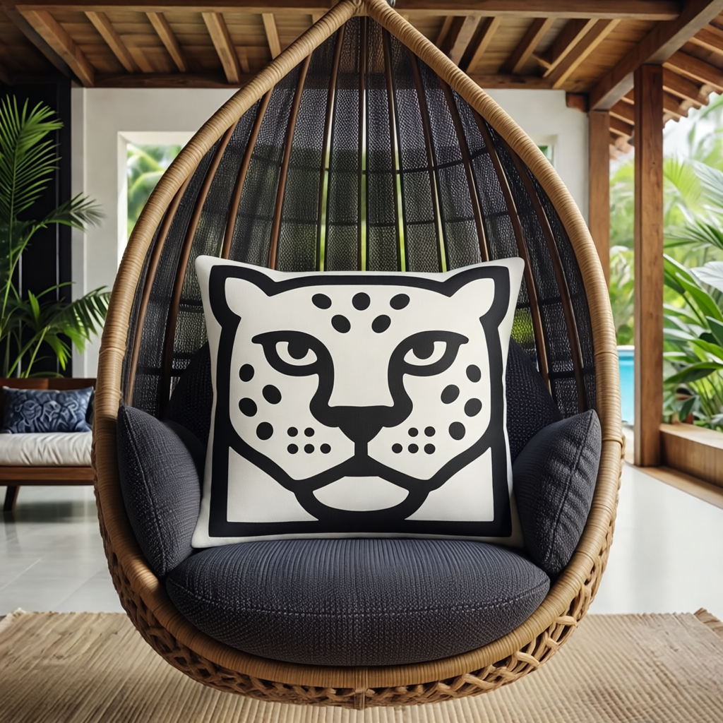 Chaise en osier suspendue sur la terrasse d'une maison avec terrasse décoration style tribal, ornée d'un coussin graphique de la marque MZelle Design 