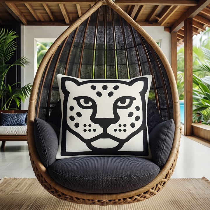 Chaise en osier suspendue sur la terrasse d'une maison avec terrasse décoration style tribal, ornée d'un coussin graphique de la marque MZelle Design 