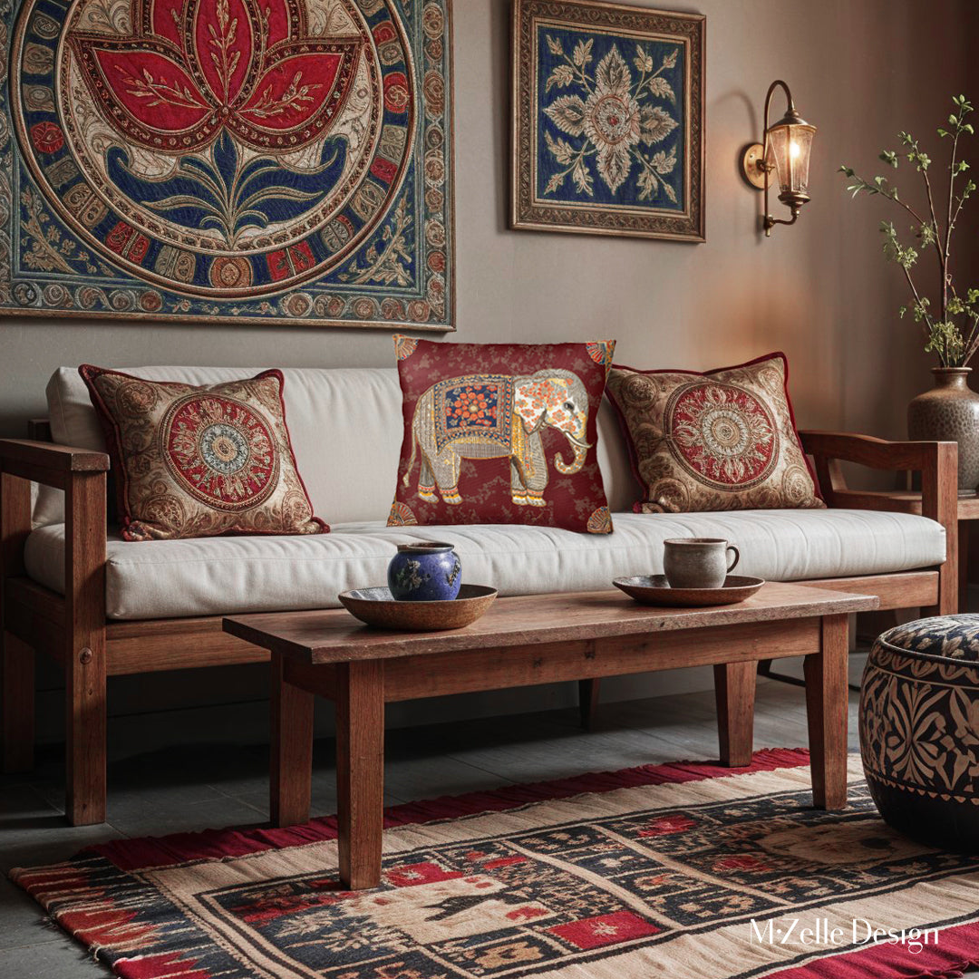 Décoration intérieur Mzelle Design avec un canapé blanc et des coussins rouge et or