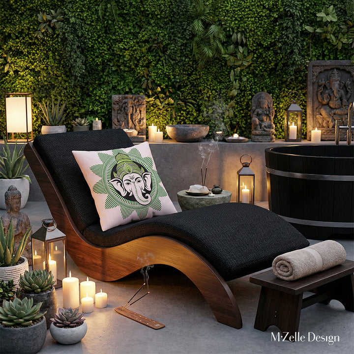 photo lifestyle Professionnelle d'un spa en extérieur, vue de face d'une chaise longue au design en forme de vague, structure large en bois foncé, assise et dossier en tissu texturé noir orné d'un large coussin motif ganesh, lumière douce de bougies et de lampe, détails décoratifs inspirés du style zen et hindou, lotus en bois, statuette.