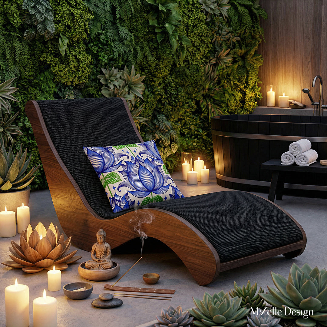 photo lifestyle Professionnelle d'un spa en extérieur, vue de face d'une chaise longue au design en forme de vague, structure large en bois foncé, assise et dossier en tissu texturé noir orné d'un large coussin motif lotus, lumière douce de bougies et de lampe, détails décoratifs inspirés du style zen et hindou, lotus en bois, statuette.