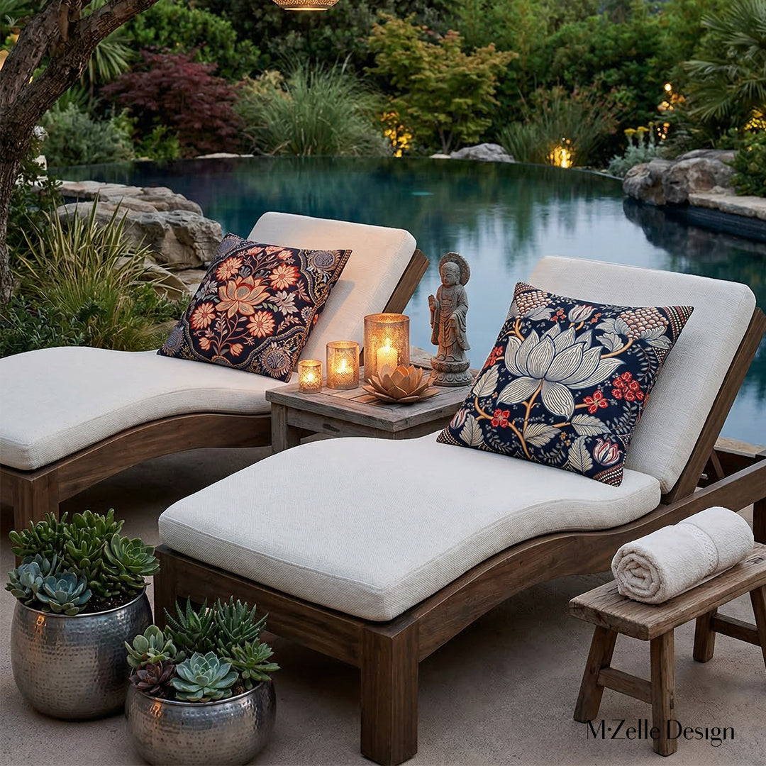 scene de décoration extérieur, avec 2 chaises longues ornées de coussin motif lotus MZelle design, en arrière plan un basin et de la végétation 