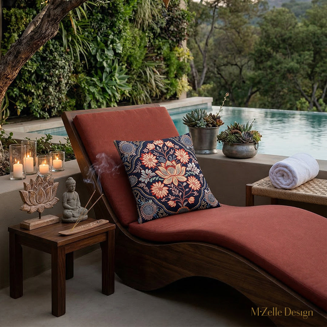 scene de décoration extérieur, avec une chaise longue ornée de coussin motif lotus MZelle design, en arrière plan un basin et de la végétation 