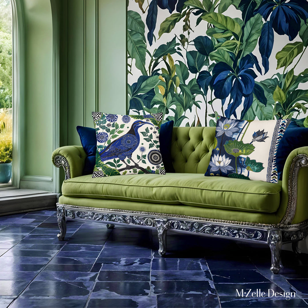 Décoration intérieur avec un canapé vert amande ornée de Housse de Coussin style indien mzelle design 