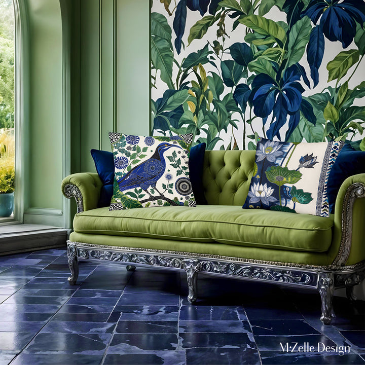 Décoration intérieur avec un canapé vert amande ornée de Housse de Coussin style indien mzelle design 