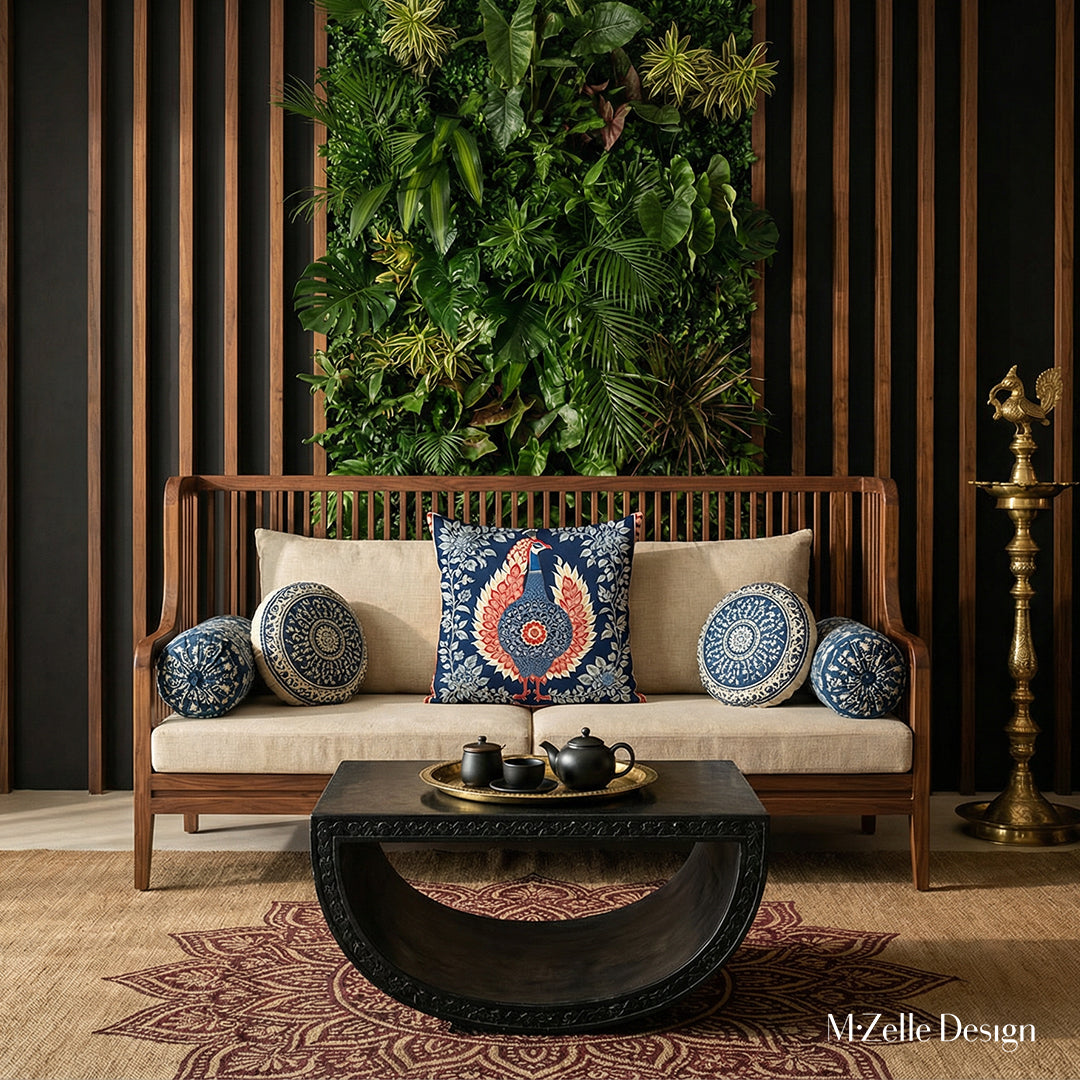 Décoration d'intérieur raffinée de style indien, canapé en bois orné d'une Housse de Coussin Mzelle Design rouge et bleu sur fond de mur végétal