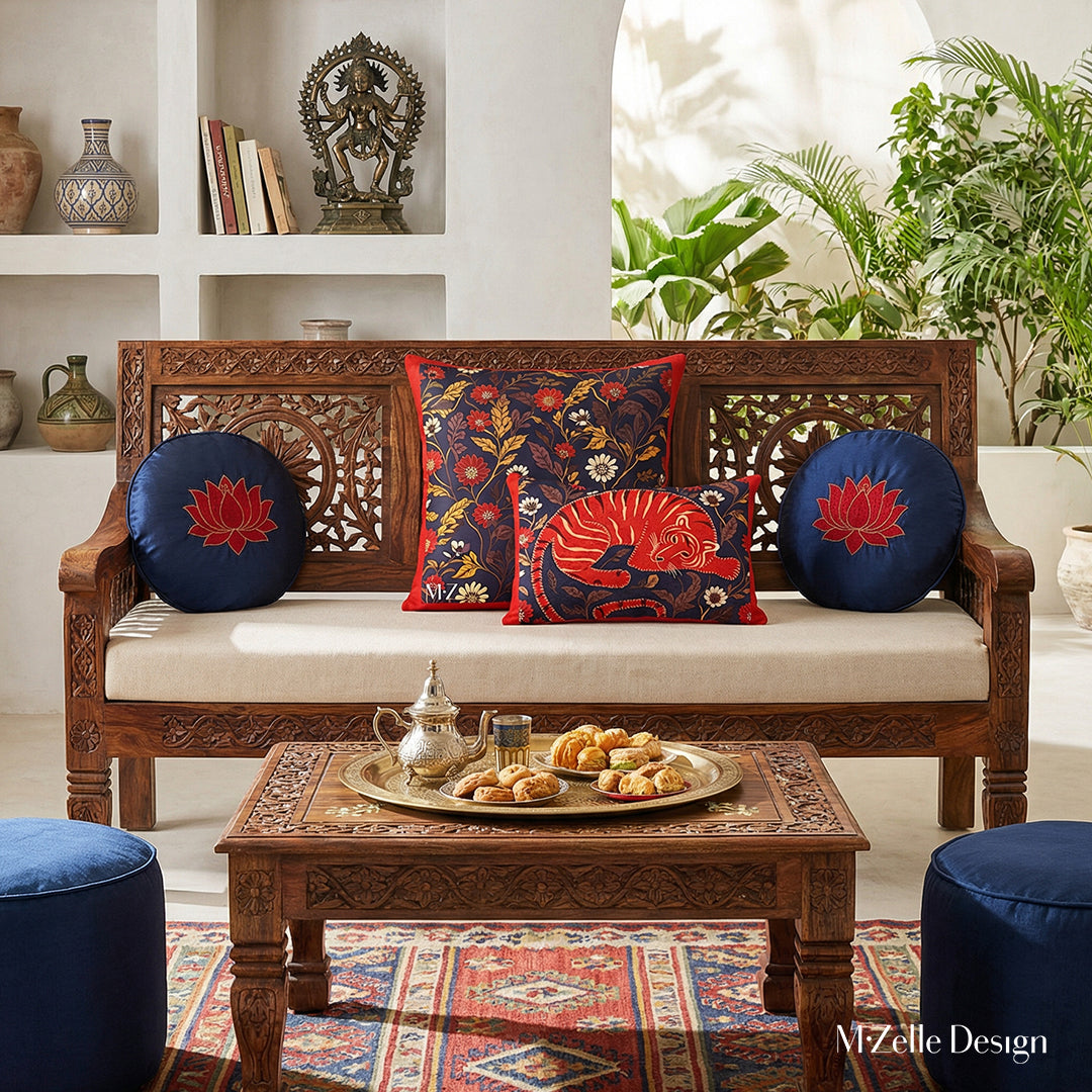 Photographie professionnelle extrêmement détaillée , Villa Riad lumineuse mélange de style nomade berbère et Inde du Sud, vue de face d'un superbe banc, assises de tissu écru orné de 2 coussins carré et rectangle motifs indiens mzelle design et de 2 coussins ronds en soie bleu nuit avec un lotus brodé rouge, service à thé marocain et pâtisseries orientales sur la table basse sheesham sculptée.