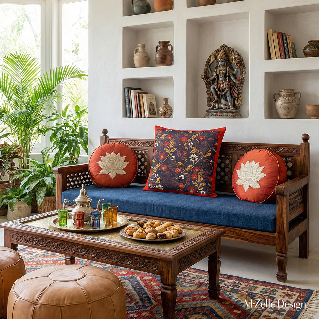 Photographie professionnelle extrêmement détaillée , Villa Riad lumineuse mélange de style nomade berbère et Inde du Sud, vue de face d'un superbe banc, assises de tissu écru orné d'un large coussin carré motifs indiens mzelle design et de 2 coussins ronds en soie rouge avec un lotus brodé écrue, service à thé marocain et pâtisseries orientales sur la table basse sheesham sculptée.
