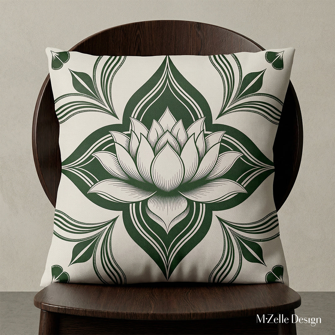 Photographie professionnelle  d'un fauteuil moderne en bois de wengé verni et sans accoudoirs, dossier arrondi, orné d'un large coussin mzelle design, motif lotus, exposé dans un décor écru neutre.