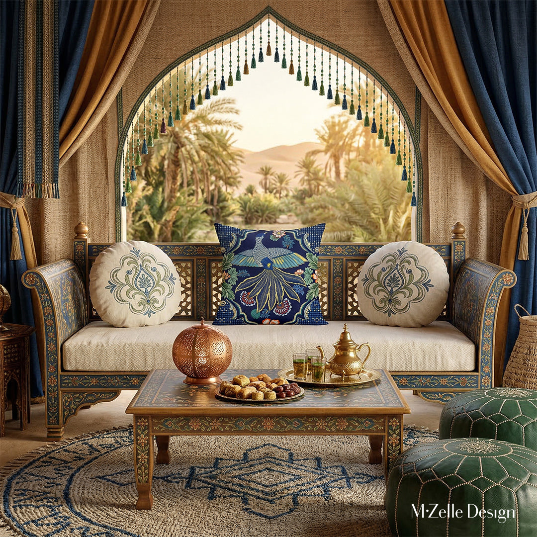 Photographie professionnelle de décoration de tente nomade d'inspiration Indo-berbère, superbe banquette Style dravidien, en bois de manguier peint à la main orné de large coussin motif oiseau mzelle design au centre, et un coussin rond en lin brodé , une table en bois de manguier peint à la main : une lampe sphérique ajourée, un service de thé à la menthe et des pâtisseries orientales. 