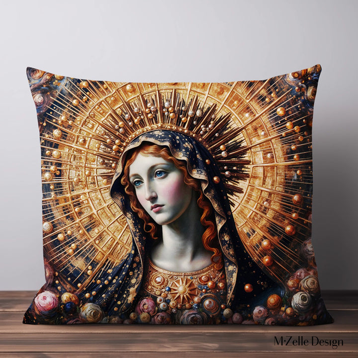 Coussin Mzelle Design, motif artistique inspiré du fauvisme, Vierge Marie entourée de fleurs