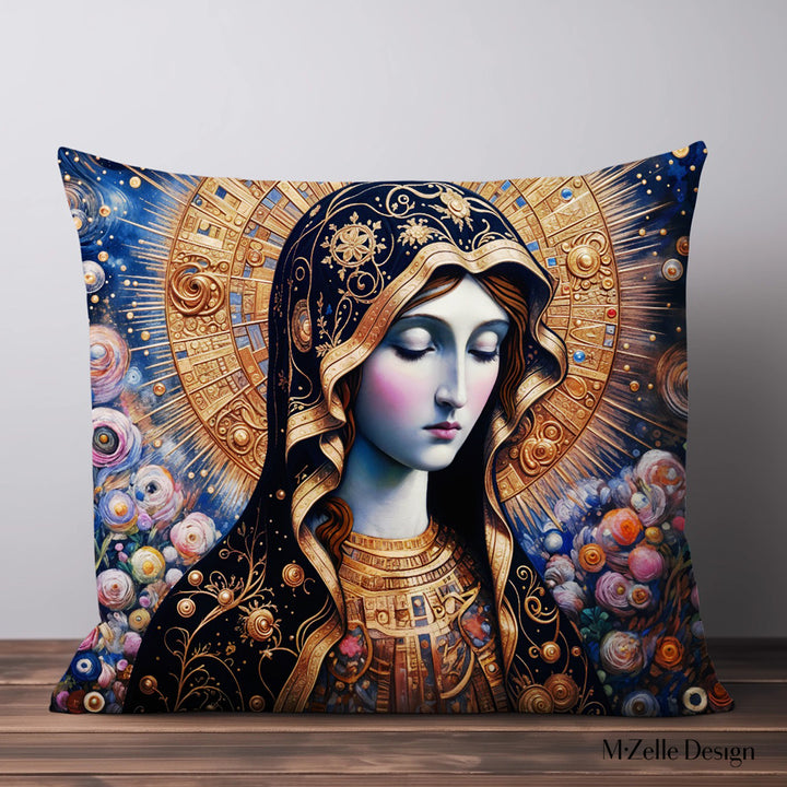 Housse de Coussin Mzelle Design, motif artistique inspiré du fauvisme, Vierge Marie entourée de fleurs