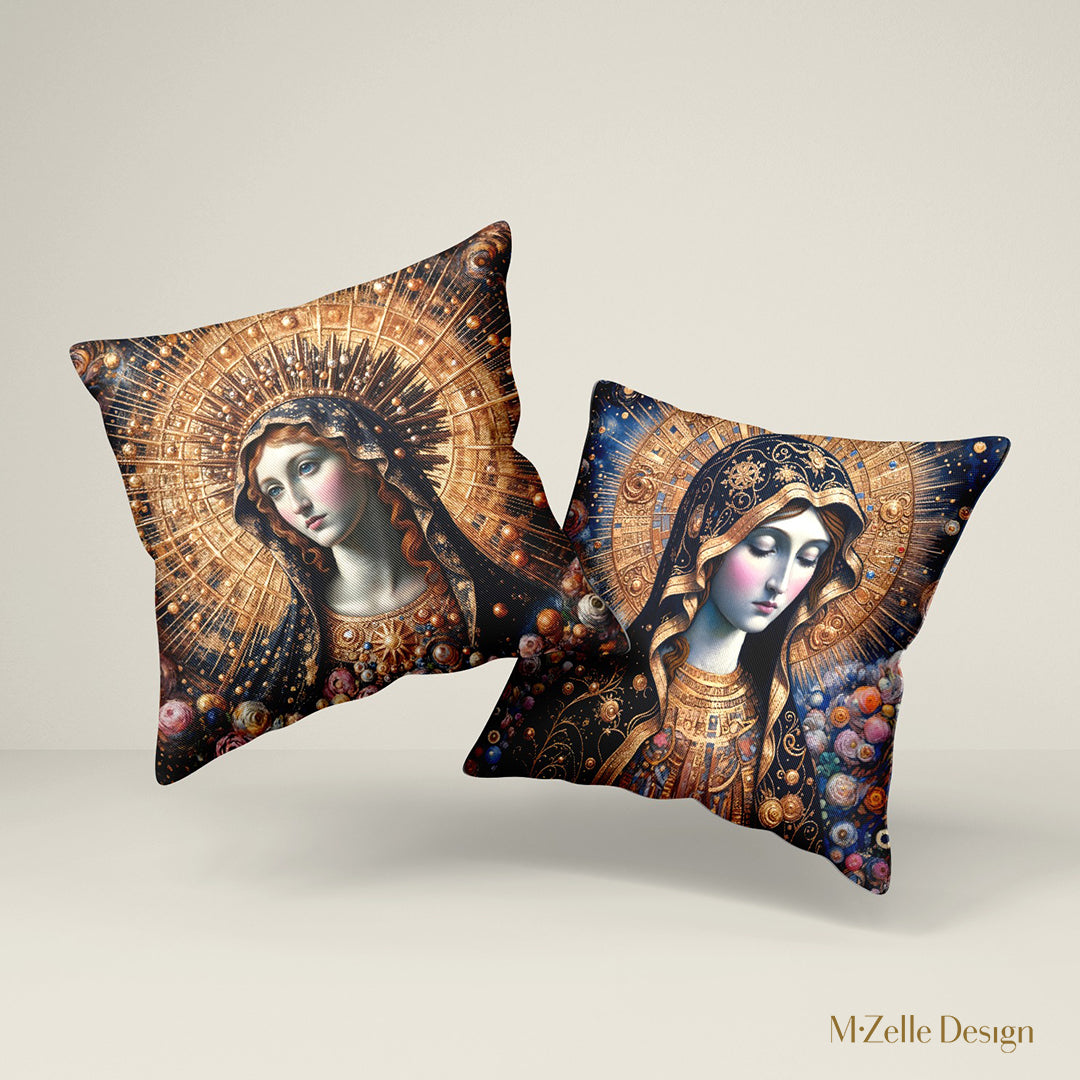 Coussins Mzelle Design, motif artistique inspiré du fauvisme, Vierge Marie entourée de fleurs