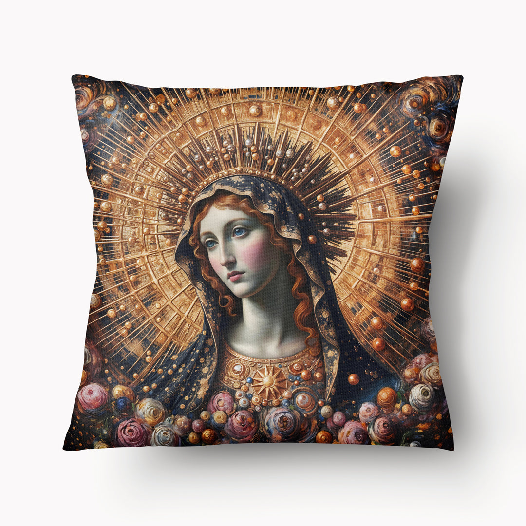 Housse de Coussin Mzelle Design, motif artistique inspiré du fauvisme, Vierge Marie entourée de fleurs