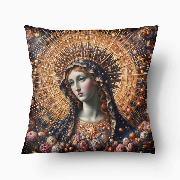 Housse de Coussin Mzelle Design, motif artistique inspiré du fauvisme, Vierge Marie entourée de fleurs