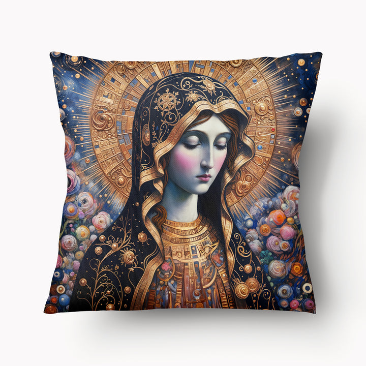 Coussin Mzelle Design, motif artistique inspiré du fauvisme, Vierge Marie entourée de fleurs