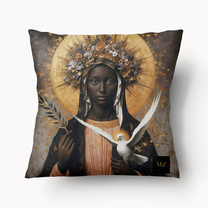 Coussin artistique mzelle design, visage de MADONE Vierge Noire tenant une Colombe