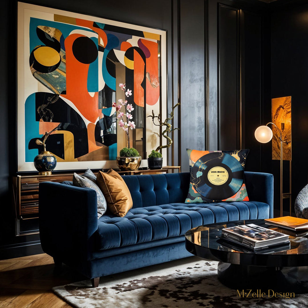 Décoration de salon Mzelle design - Coussin motif vinyle et tableau abstrait bleu orange noir et blanc