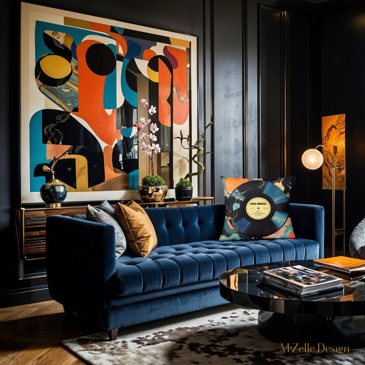 Décoration de salon Mzelle design - Coussin motif vinyle et tableau abstrait bleu orange noir et blanc